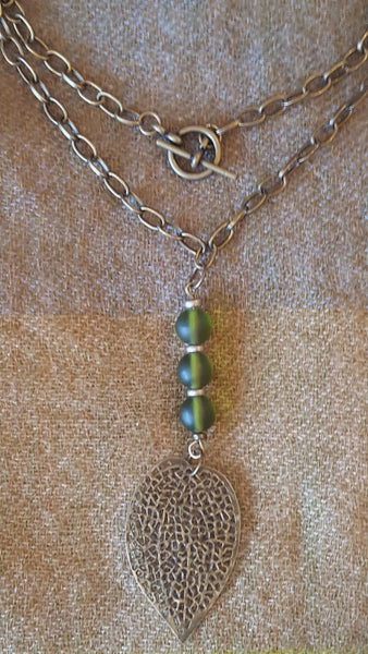 Brass Necklace with Green Beads