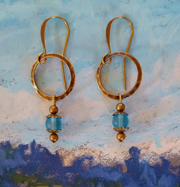 Brass Earrings with Blue Bead